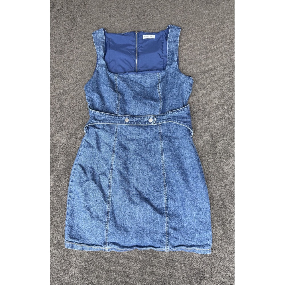 Avec Les Filles Blue Denim Square Neck Mini Dress Size 12 Snap Waist Zip Back